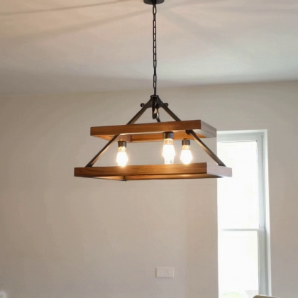 Modern Geometric Wood Pendant Light – 3-Light Linear Suspension Chandelier